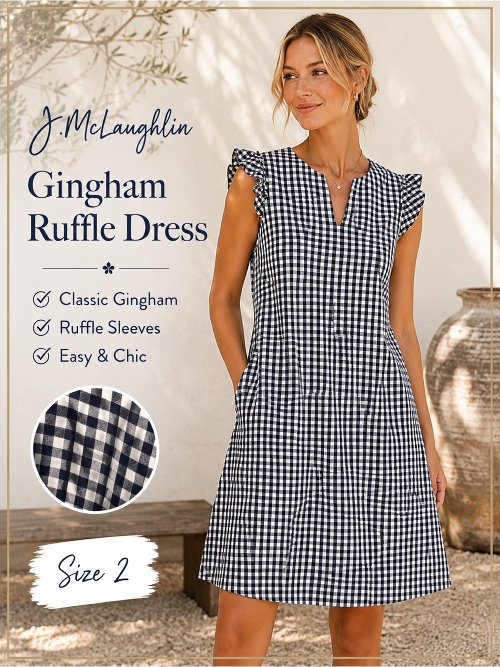 J. McLaughlin Navy White Gingham Ruffle Sleeve Dress Classic Preppy size 2 Chic